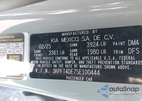 2025 Kia K4 Lxs from USA, damaged, VIN 3KPFT4DE7SE100444